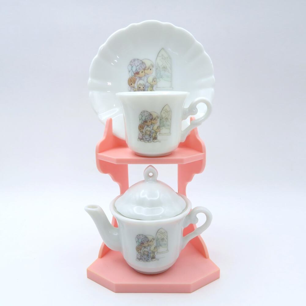 Vintage 1989 Precious Moments Miniature Tea Set Enesco Teapot Cup Saucer Stand